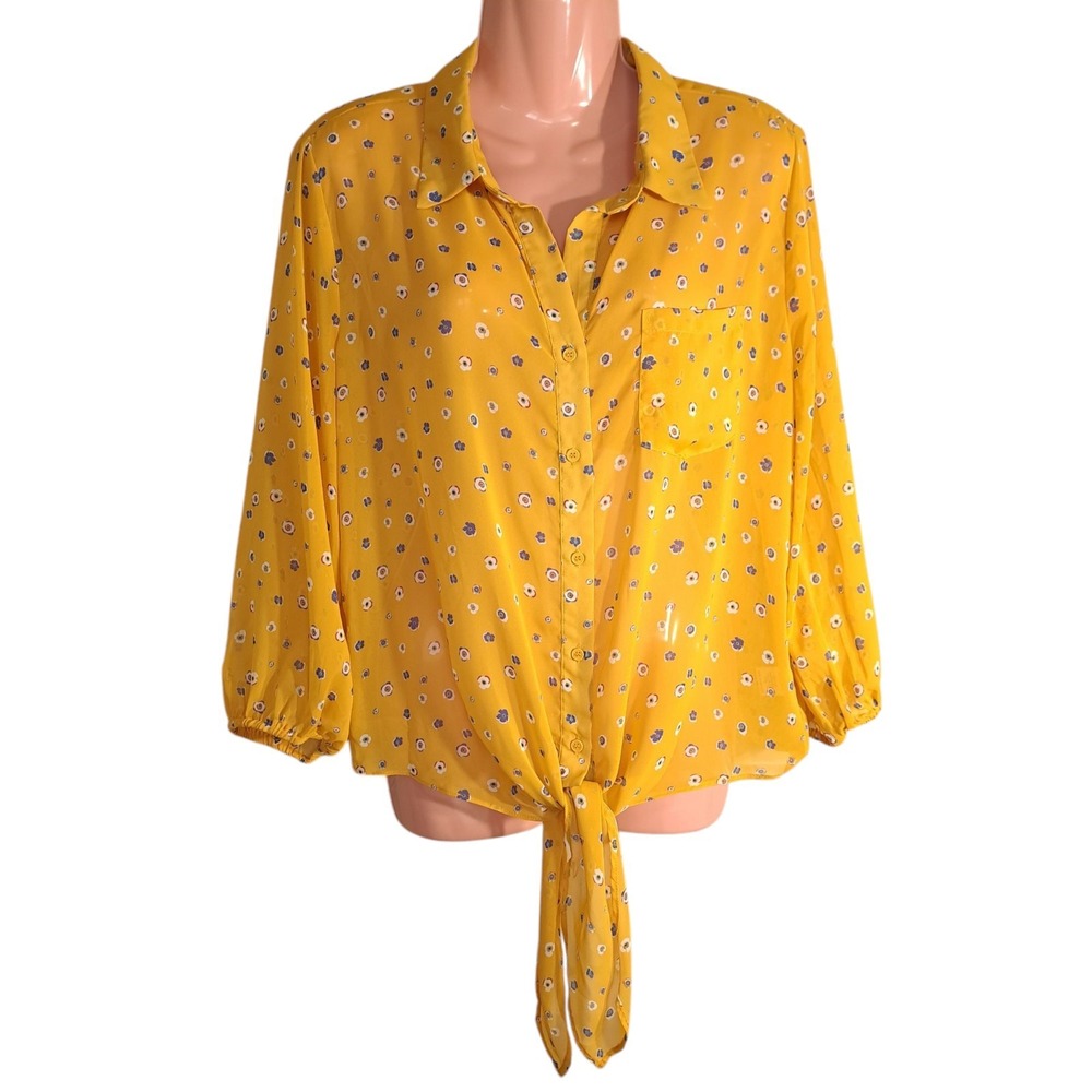 Pleione Women's Collared Blouse Yellow Size L Floral Button-Up Long Sleeve